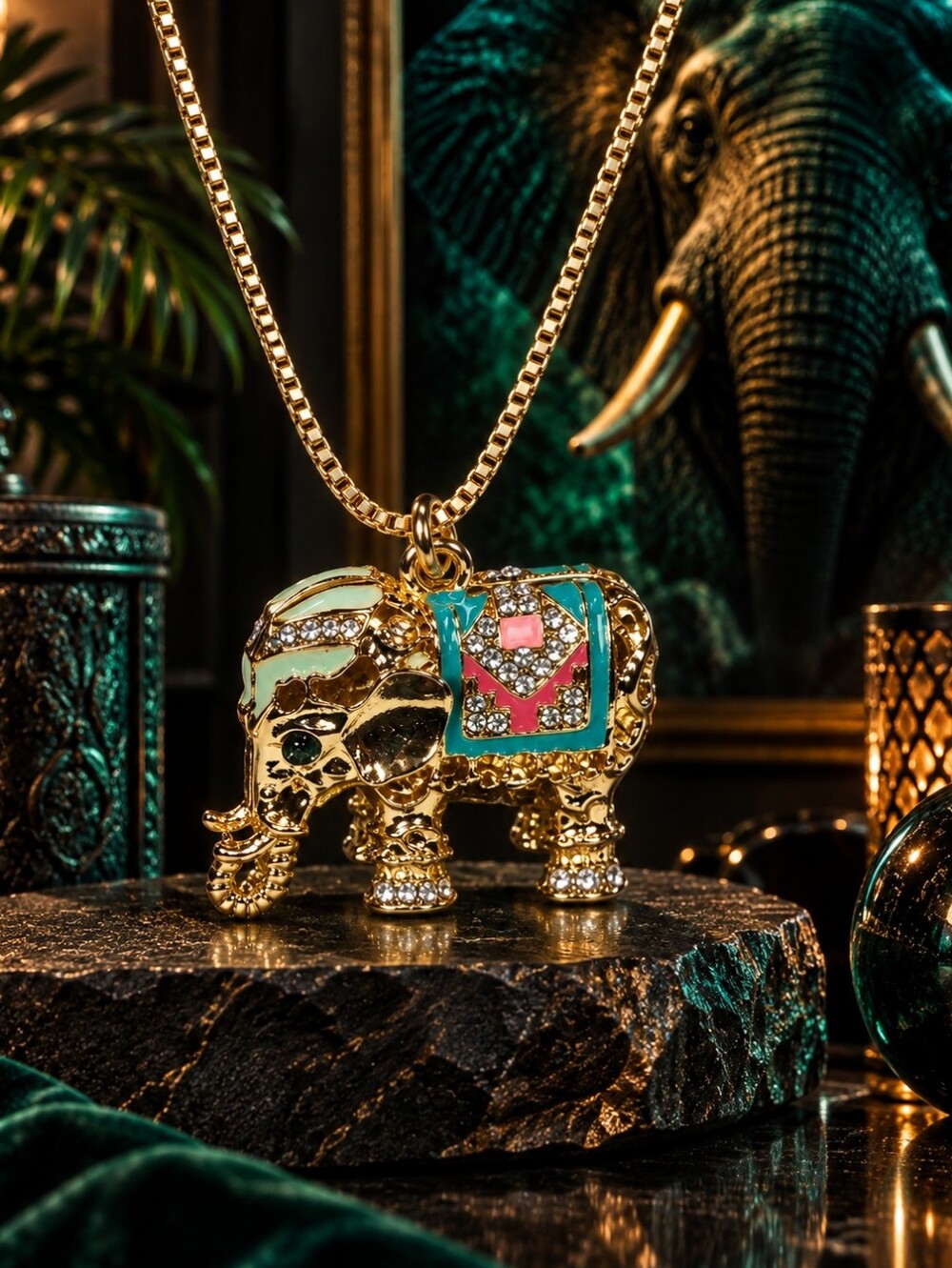 Elephant Pendant Necklace Turquoise Pink Rhinestone Gold Tone